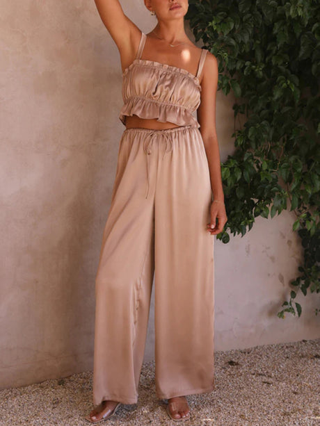 Women's Solid Color Ruffle Crop Top With Matching Wide-leg Pants