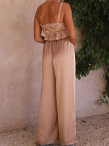 Women's Solid Color Ruffle Crop Top With Matching Wide-leg Pants