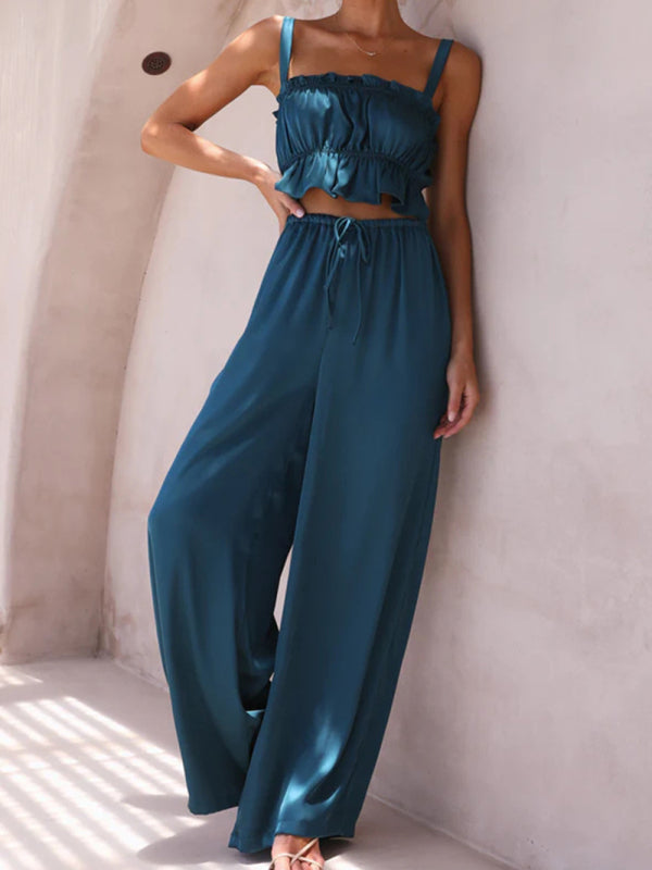 Women's Solid Color Ruffle Crop Top With Matching Wide-leg Pants