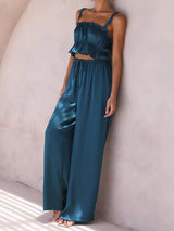 Women's Solid Color Ruffle Crop Top With Matching Wide-leg Pants