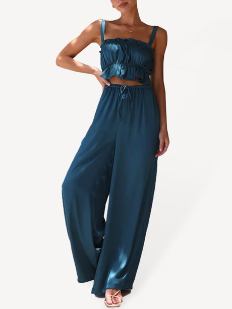 Women's Solid Color Ruffle Crop Top With Matching Wide-leg Pants