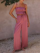 Women's Solid Color Ruffle Crop Top With Matching Wide-leg Pants