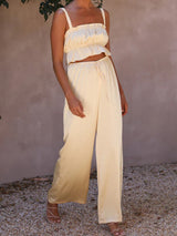 Women's Solid Color Ruffle Crop Top With Matching Wide-leg Pants