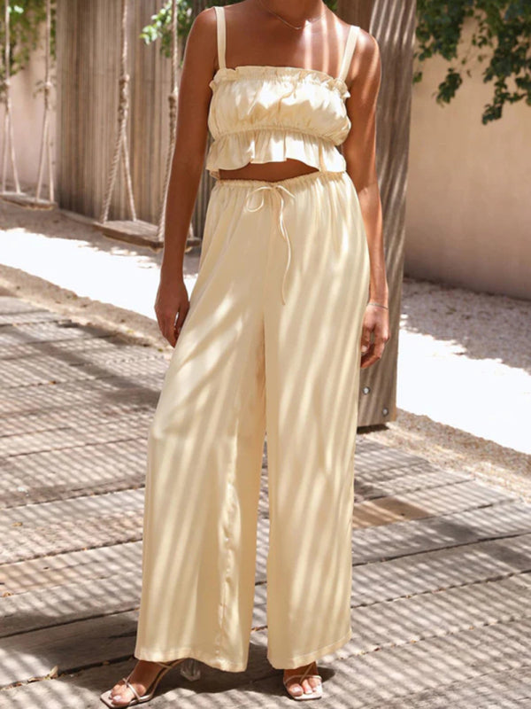 Women's Solid Color Ruffle Crop Top With Matching Wide-leg Pants