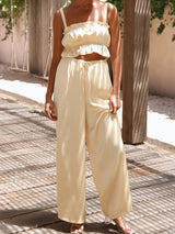 Women's Solid Color Ruffle Crop Top With Matching Wide-leg Pants