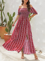 Vertical Stripe Printed Slit Dress One Shoulder Holiday Dress