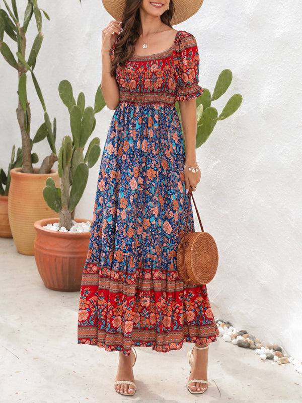 Opulence EmpórionBoho Beach Vacation Dress Off-Shoulder Puff Sleeve Floral Midi Dress