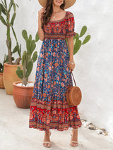 Opulence EmpórionBoho Beach Vacation Dress Off-Shoulder Puff Sleeve Floral Midi Dress