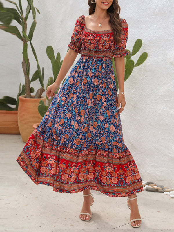 Opulence EmpórionBoho Beach Vacation Dress Off-Shoulder Puff Sleeve Floral Midi Dress