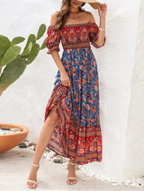 Opulence EmpórionBoho Beach Vacation Dress Off-Shoulder Puff Sleeve Floral Midi Dress