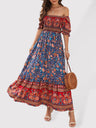Opulence EmpórionBoho Beach Vacation Dress Off-Shoulder Puff Sleeve Floral Midi Dress