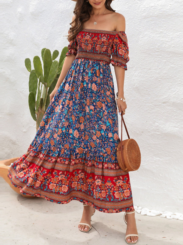 Opulence EmpórionBoho Beach Vacation Dress Off-Shoulder Puff Sleeve Floral Midi Dress