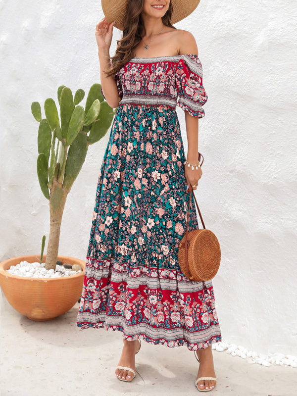 Opulence EmpórionBoho Beach Vacation Dress Off-Shoulder Puff Sleeve Floral Midi Dress