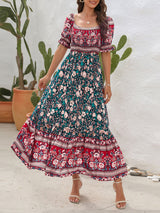 Opulence EmpórionBoho Beach Vacation Dress Off-Shoulder Puff Sleeve Floral Midi Dress