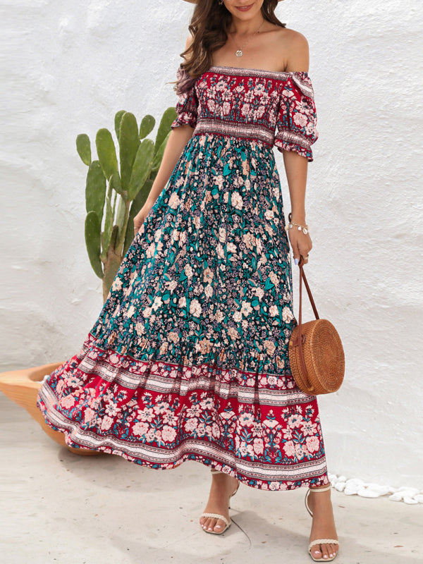 Opulence EmpórionBoho Beach Vacation Dress Off-Shoulder Puff Sleeve Floral Midi Dress