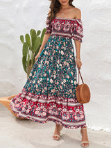 Opulence EmpórionBoho Beach Vacation Dress Off-Shoulder Puff Sleeve Floral Midi Dress