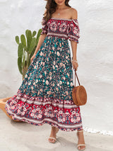 Opulence EmpórionBoho Beach Vacation Dress Off-Shoulder Puff Sleeve Floral Midi Dress