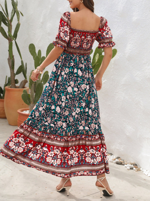 Opulence EmpórionBoho Beach Vacation Dress Off-Shoulder Puff Sleeve Floral Midi Dress