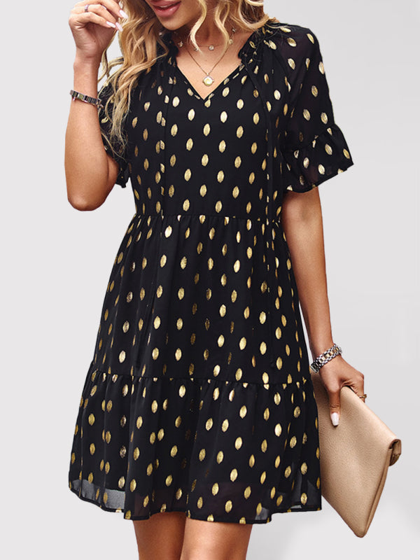 Bronzing Polka Dot Dress Women 2023 Spring Summer Elegant Short Skirt