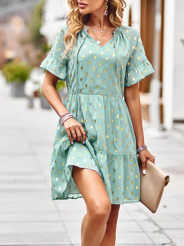 Bronzing Polka Dot Dress Women 2023 Spring Summer Elegant Short Skirt