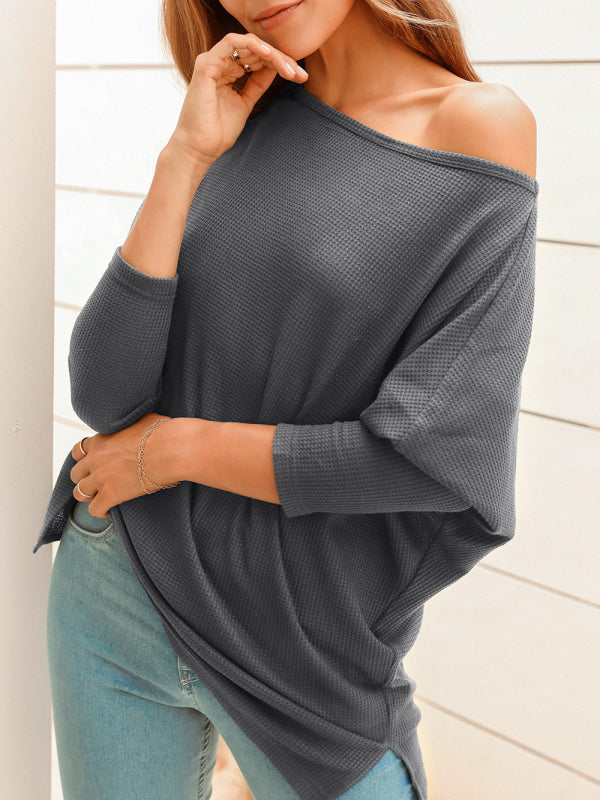 Women's Solid Color Waffle Off One Shoulder Sweater