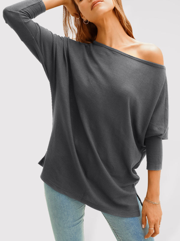 Women's Solid Color Waffle Off One Shoulder Sweater