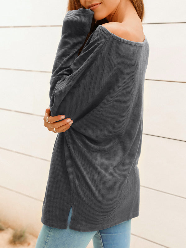 Women's Solid Color Waffle Off One Shoulder Sweater