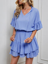 Women's Solid Color Flutter Ruffle Sleeve Tie Neck Minidress