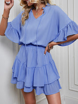 Women's Solid Color Flutter Ruffle Sleeve Tie Neck Minidress