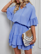 Women's Solid Color Flutter Ruffle Sleeve Tie Neck Minidress