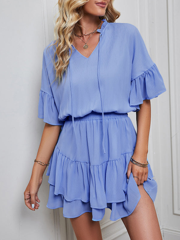 Women's Solid Color Flutter Ruffle Sleeve Tie Neck Minidress