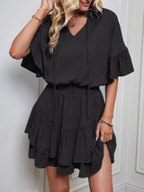 Women's Solid Color Flutter Ruffle Sleeve Tie Neck Minidress