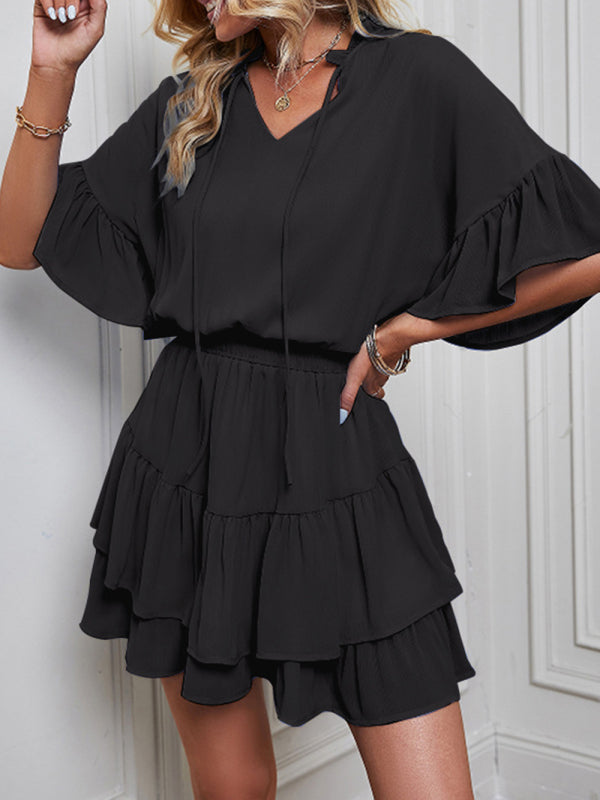 Women's Solid Color Flutter Ruffle Sleeve Tie Neck Minidress