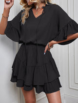 Women's Solid Color Flutter Ruffle Sleeve Tie Neck Minidress