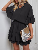 Women's Solid Color Flutter Ruffle Sleeve Tie Neck Minidress