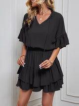 Women's Solid Color Flutter Ruffle Sleeve Tie Neck Minidress