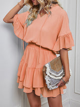 Women's Solid Color Flutter Ruffle Sleeve Tie Neck Minidress