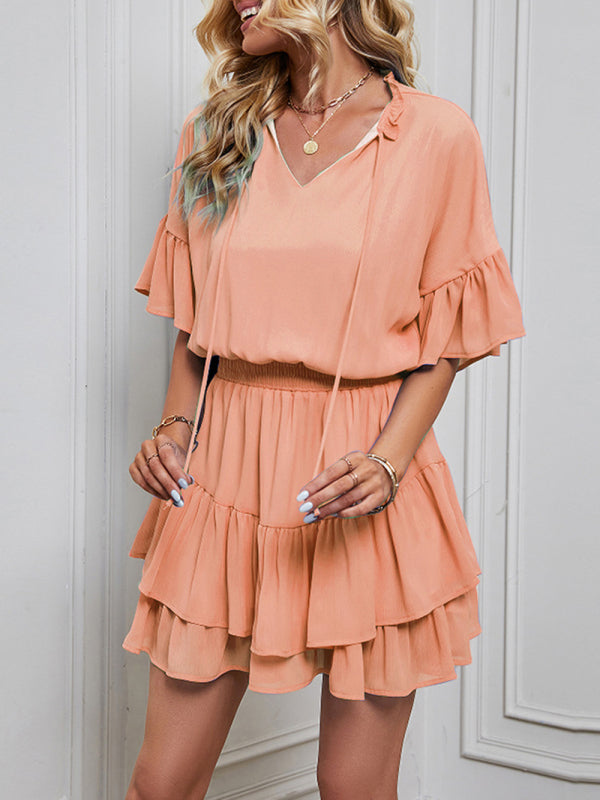 Women's Solid Color Flutter Ruffle Sleeve Tie Neck Minidress