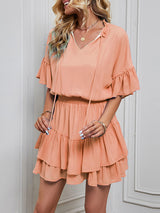 Women's Solid Color Flutter Ruffle Sleeve Tie Neck Minidress