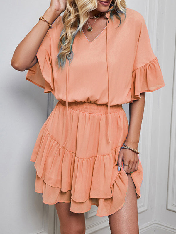 Women's Solid Color Flutter Ruffle Sleeve Tie Neck Minidress
