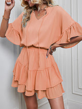 Women's Solid Color Flutter Ruffle Sleeve Tie Neck Minidress