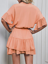 Women's Solid Color Flutter Ruffle Sleeve Tie Neck Minidress