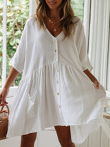 Loose Button Rayon Slub Casual Dress Beach Cover Up Holiday Dress