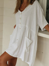 Loose Button Rayon Slub Casual Dress Beach Cover Up Holiday Dress