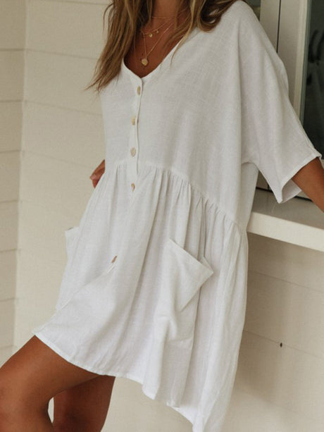 Loose Button Rayon Slub Casual Dress Beach Cover Up Holiday Dress