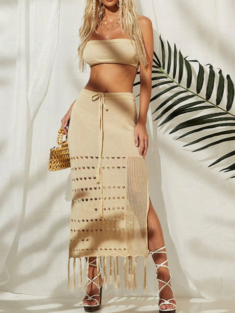Women's bikini cover-up top wrap chest dress two-piece tie-up tassel beach sunscreen dress
