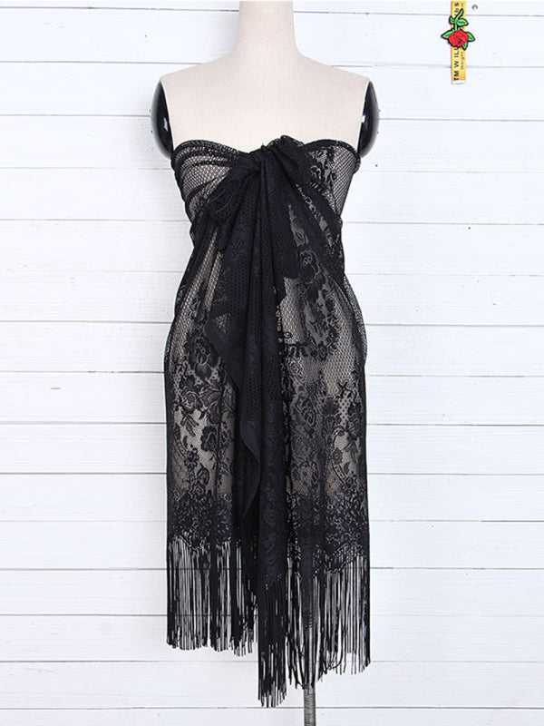Women's hollow beach lace fringed blouse skirt