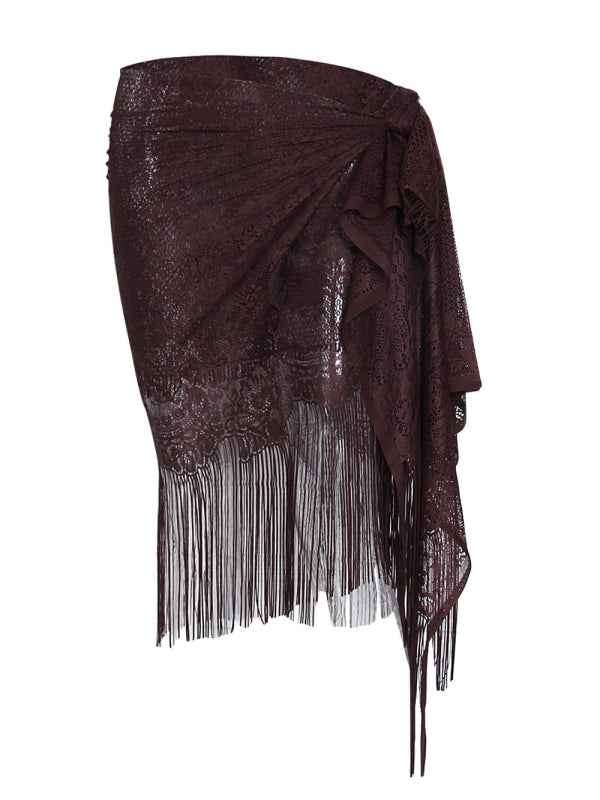 Women's hollow beach lace fringed blouse skirt