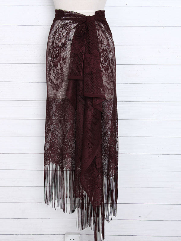 Women's hollow beach lace fringed blouse skirt