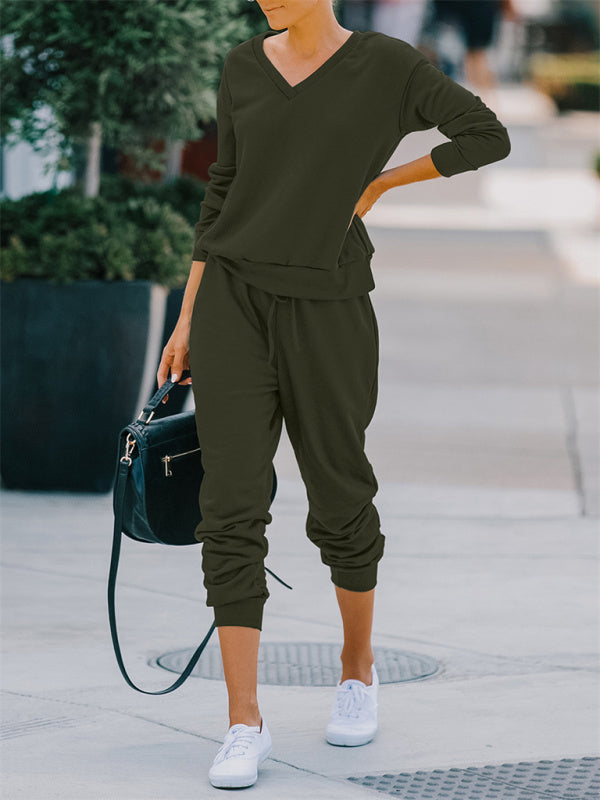 Women's Fashion Casual Homewear V-neck Loose Solid Color Suit for Women